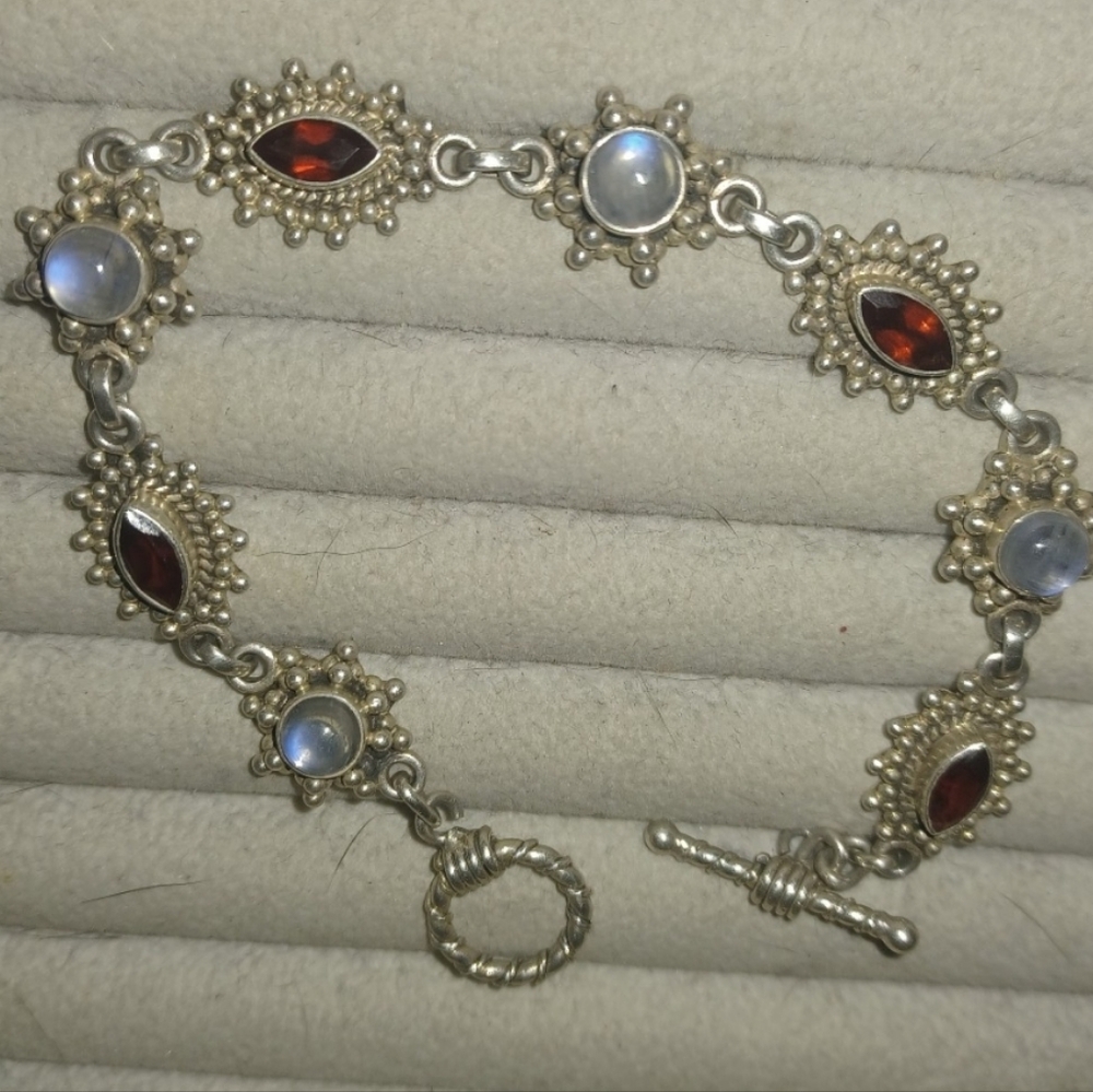 80s Signed Solid Sterling Garnet And Moonstone Br… - image 1